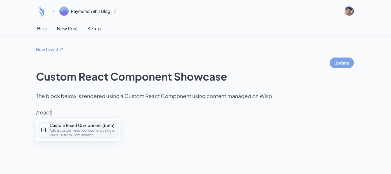 Slash command to add custom react component block