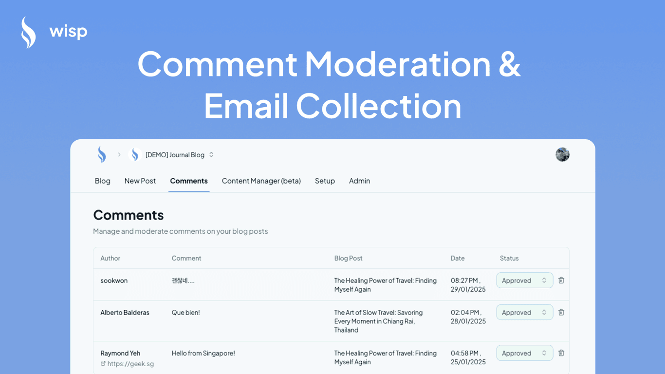 Comment moderation & email collection